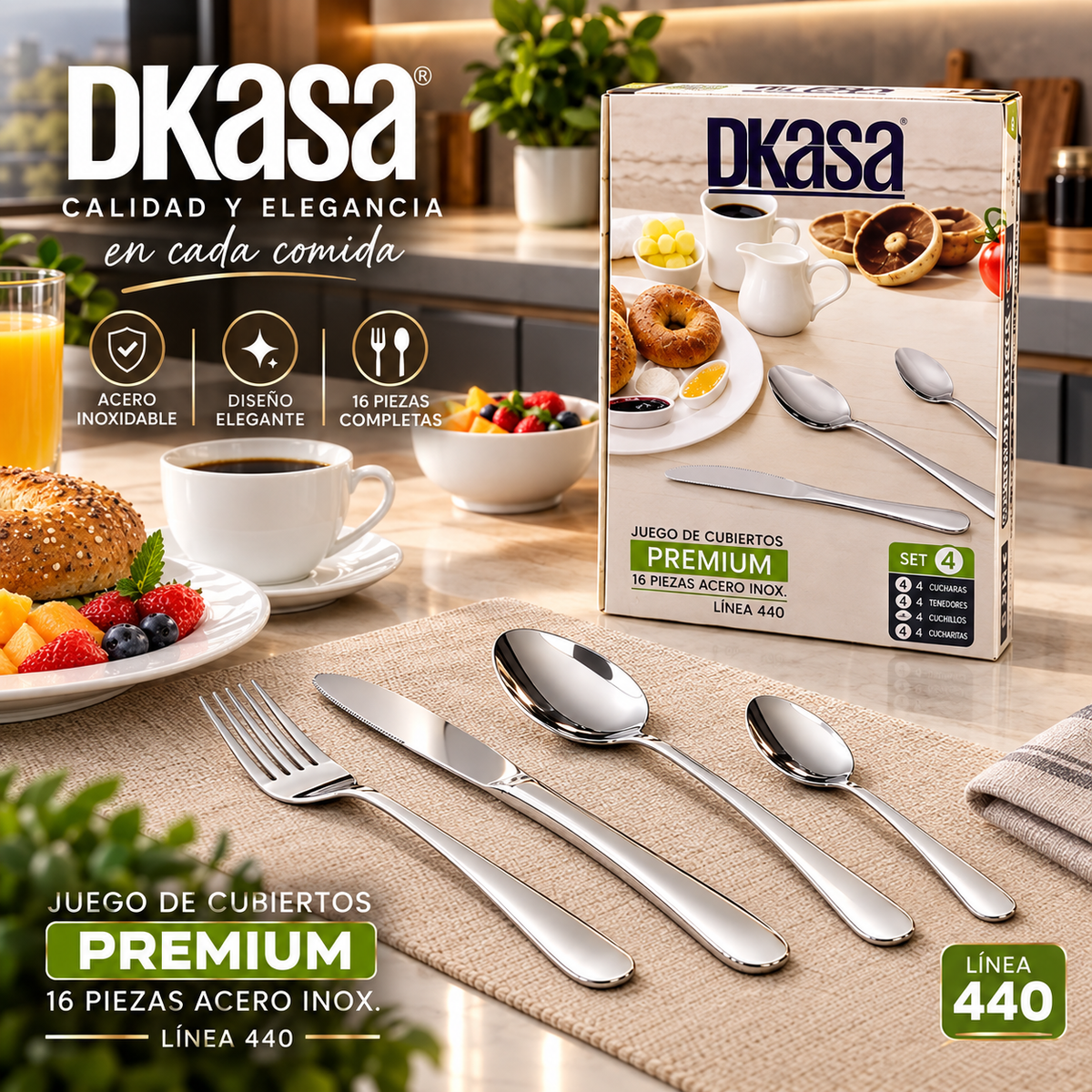 Juego de Cubiertos Premium DKasa de 16 Piezas (Línea 440)