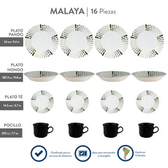 Vajilla Corona Malaya 4 puestos 16 piezas